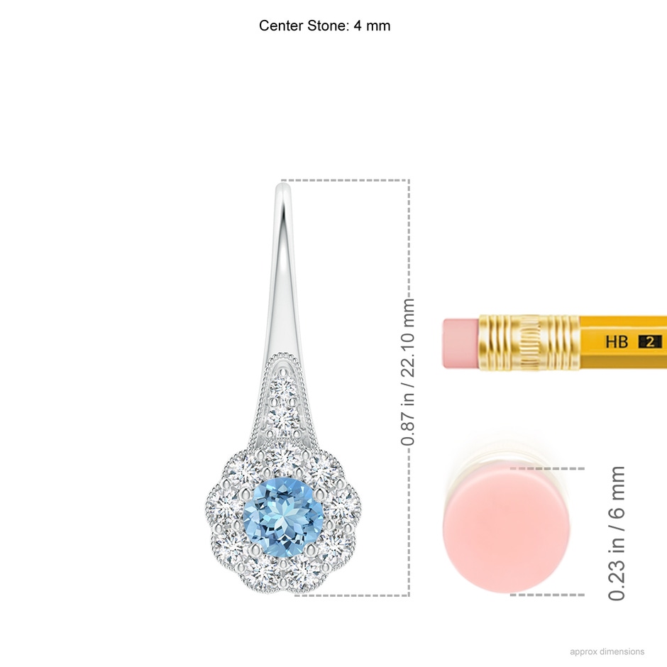 4mm AAAA Aquamarine and Diamond Halo Fish Hook Earrings with Milgrain in White Gold ruler