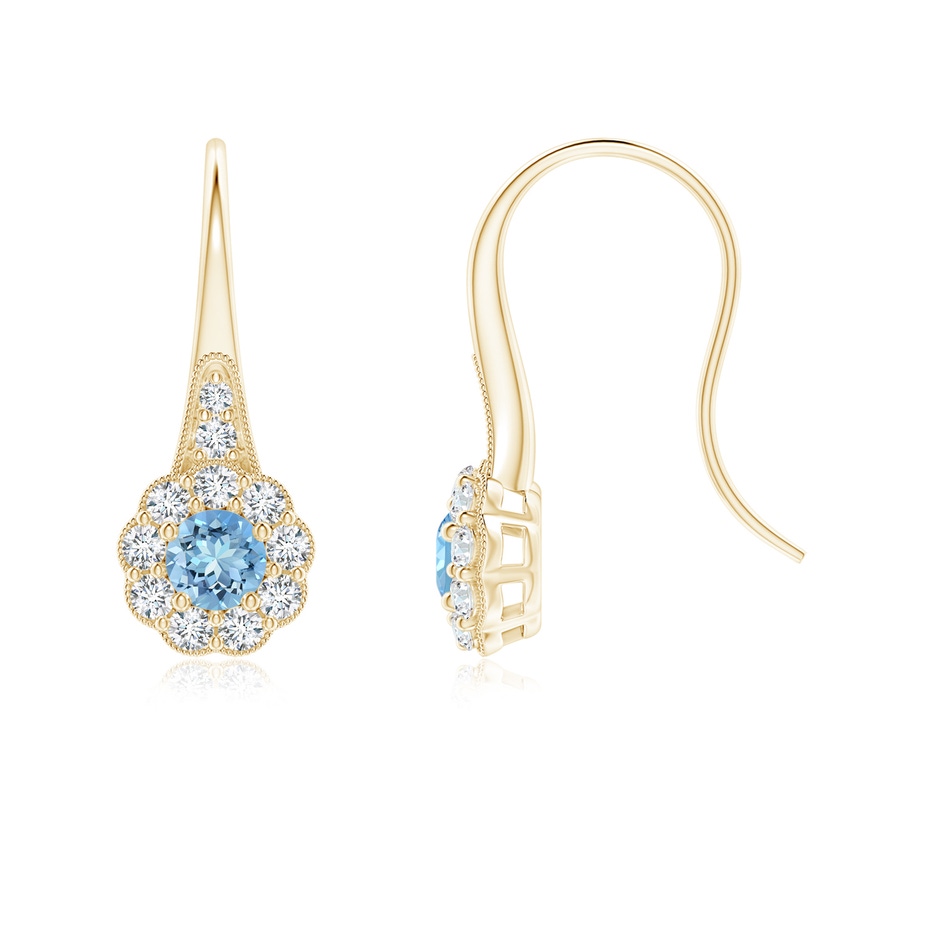 4mm AAAA Aquamarine and Diamond Halo Fish Hook Earrings with Milgrain in Yellow Gold 