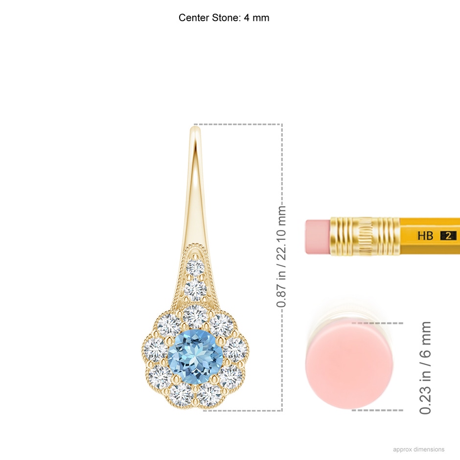 4mm AAAA Aquamarine and Diamond Halo Fish Hook Earrings with Milgrain in Yellow Gold ruler