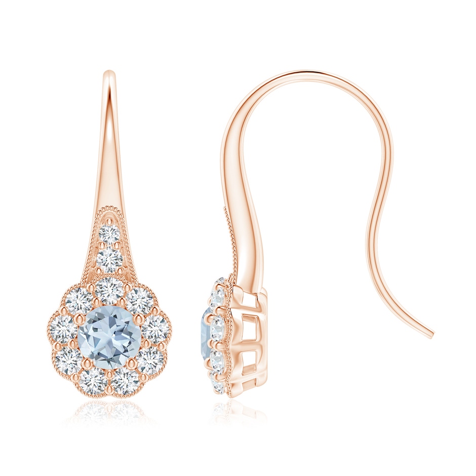 5mm A Aquamarine and Diamond Halo Fish Hook Earrings with Milgrain in Rose Gold 