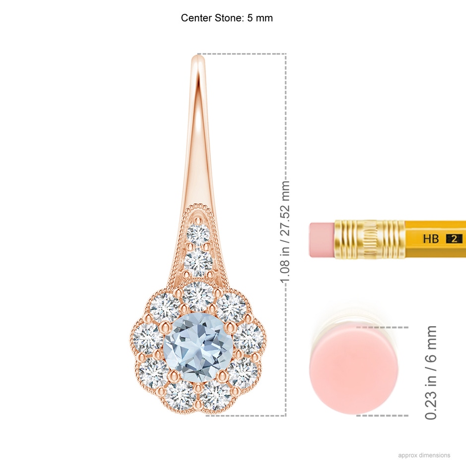 5mm A Aquamarine and Diamond Halo Fish Hook Earrings with Milgrain in Rose Gold ruler