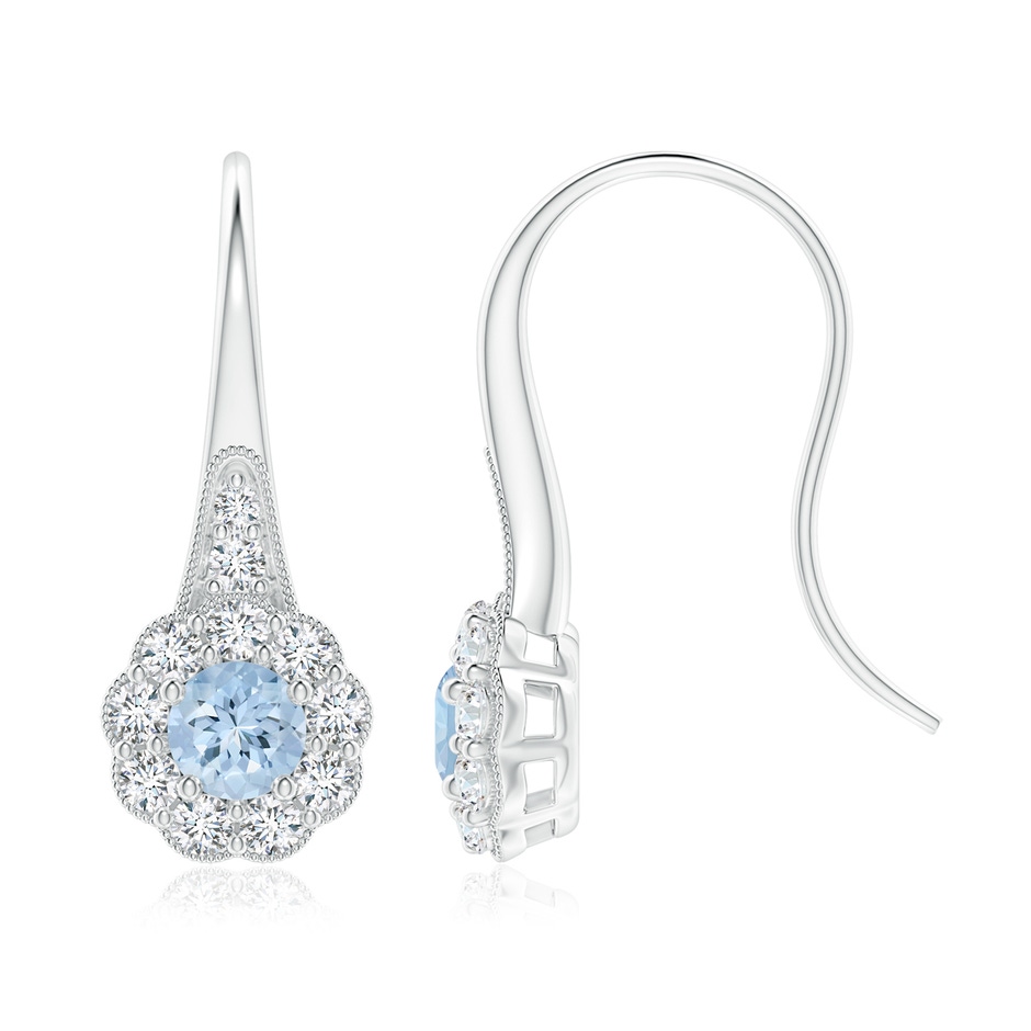 5mm AA Aquamarine and Diamond Halo Fish Hook Earrings with Milgrain in White Gold 