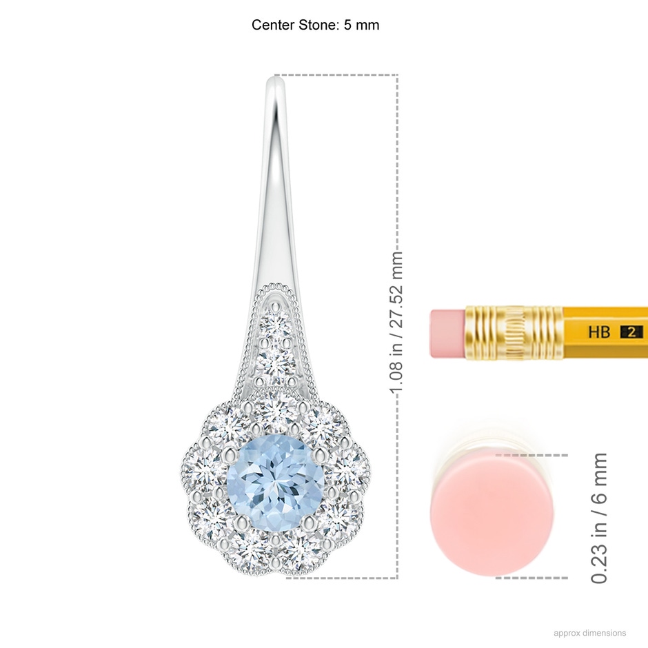 5mm AA Aquamarine and Diamond Halo Fish Hook Earrings with Milgrain in White Gold ruler