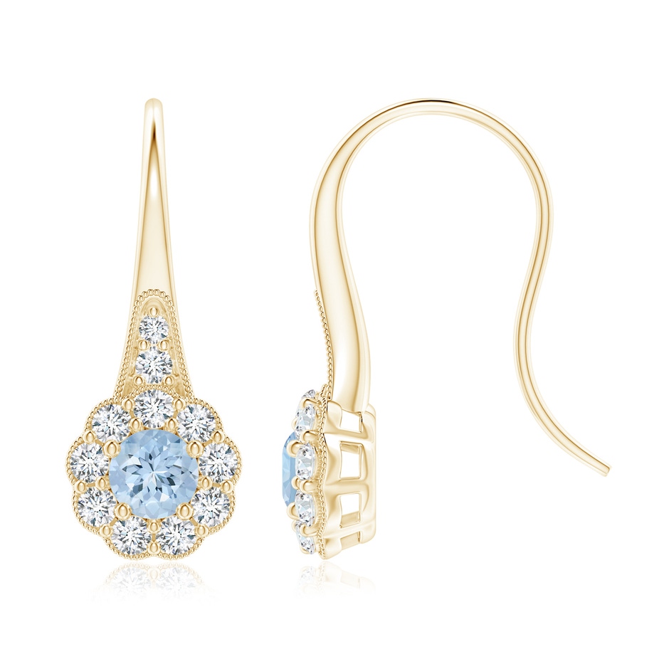 5mm AA Aquamarine and Diamond Halo Fish Hook Earrings with Milgrain in Yellow Gold 