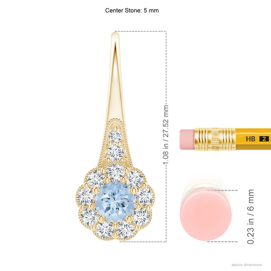 5mm AA Aquamarine and Diamond Halo Fish Hook Earrings with Milgrain in Yellow Gold ruler