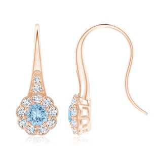 5mm AAA Aquamarine and Diamond Halo Fish Hook Earrings with Milgrain in Rose Gold