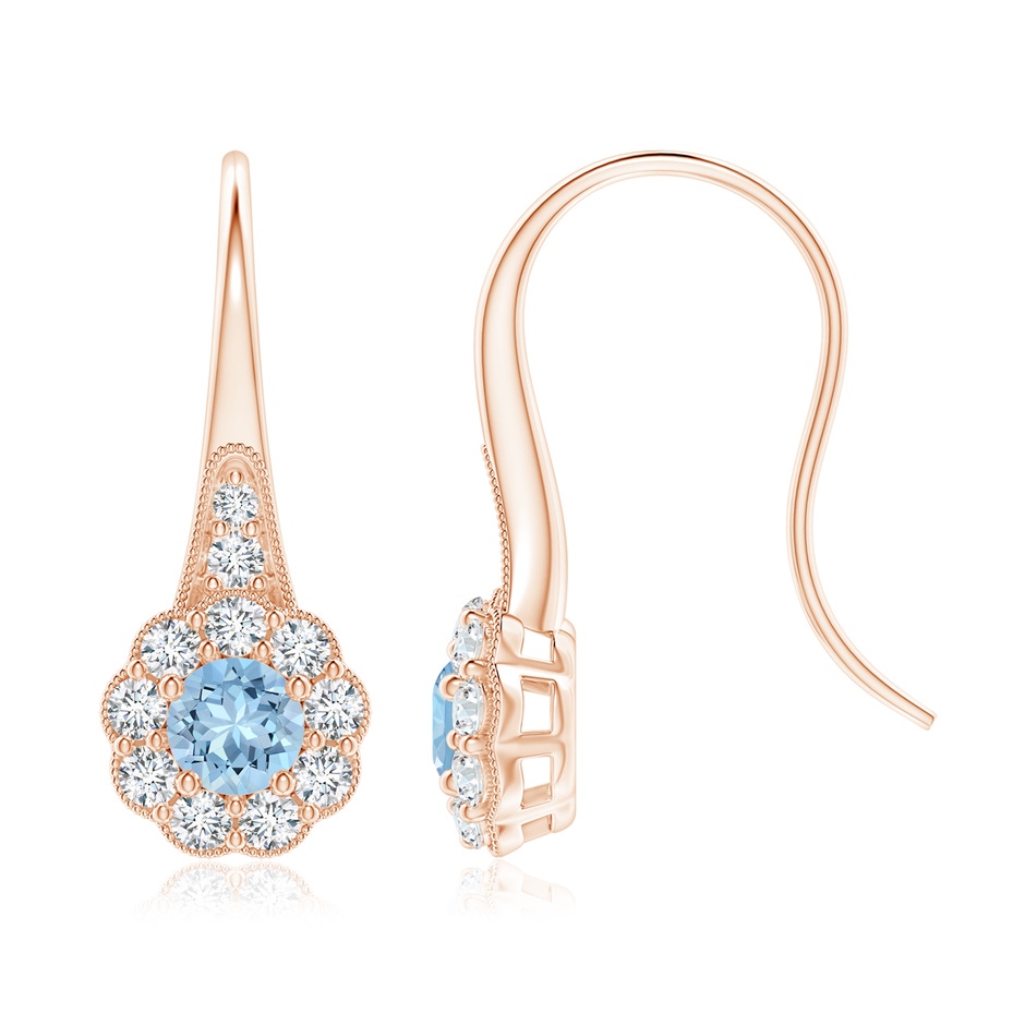 5mm AAA Aquamarine and Diamond Halo Fish Hook Earrings with Milgrain in Rose Gold 