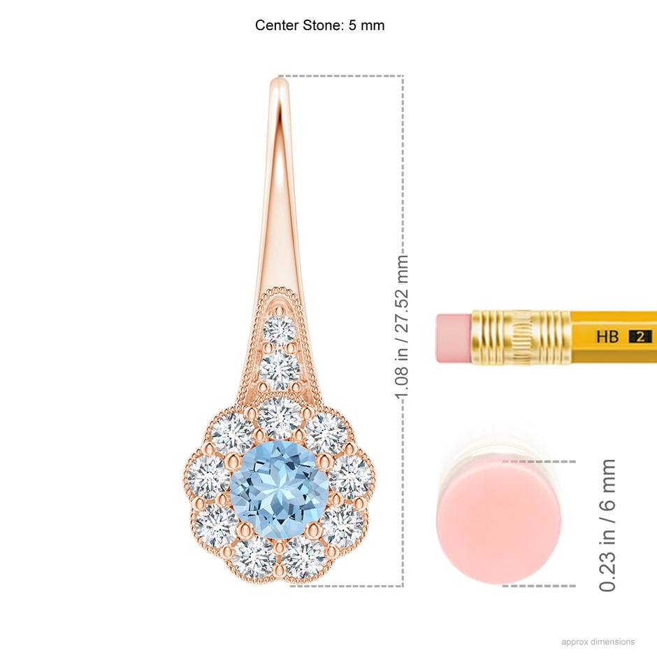 5mm AAA Aquamarine and Diamond Halo Fish Hook Earrings with Milgrain in Rose Gold ruler