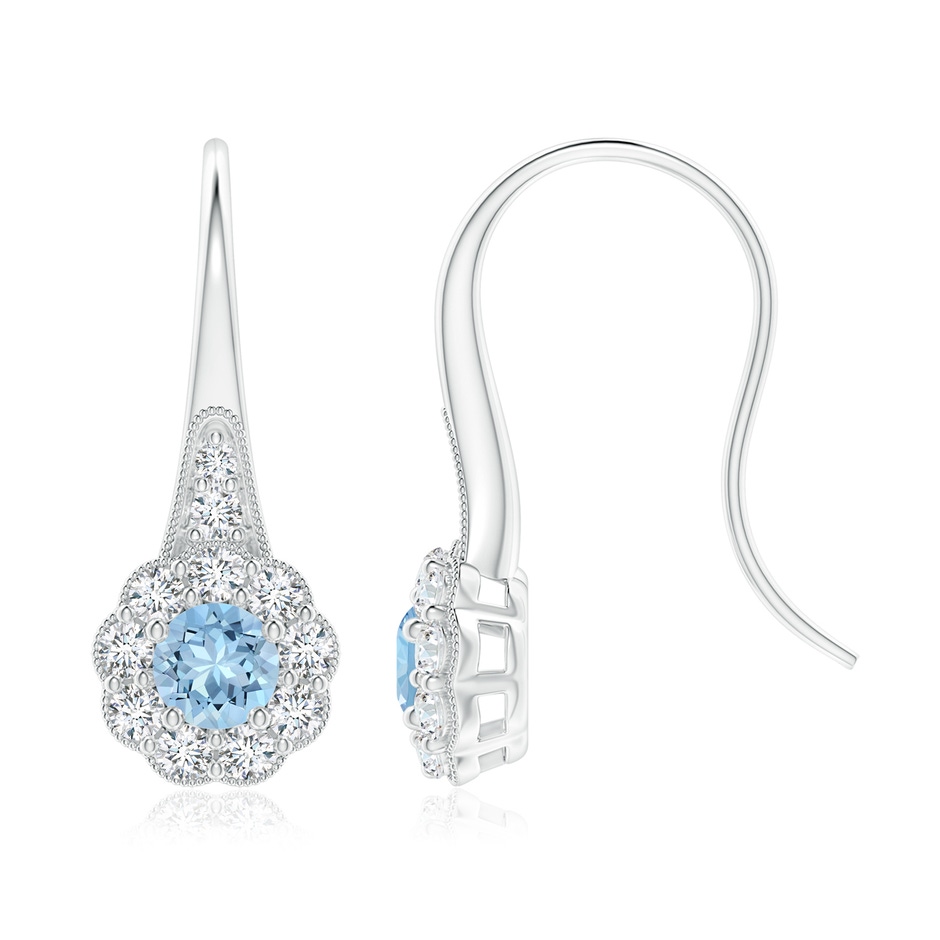 5mm AAA Aquamarine and Diamond Halo Fish Hook Earrings with Milgrain in White Gold 