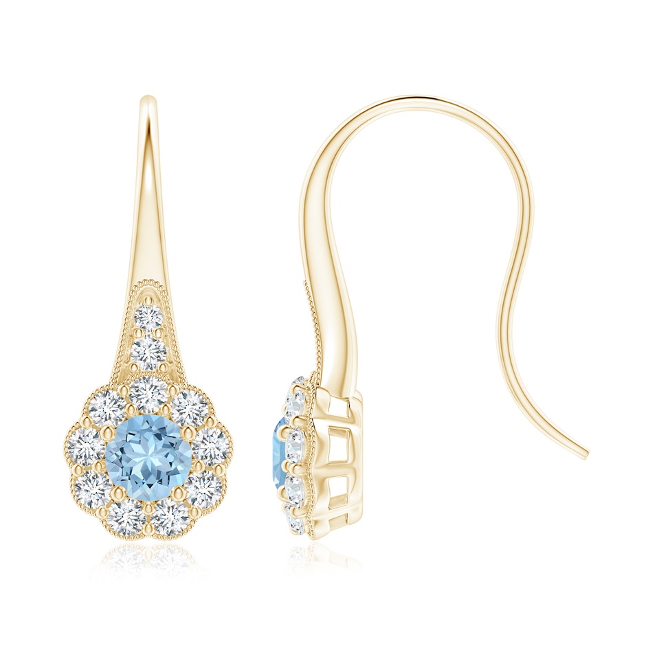 5mm AAA Aquamarine and Diamond Halo Fish Hook Earrings with Milgrain in Yellow Gold 