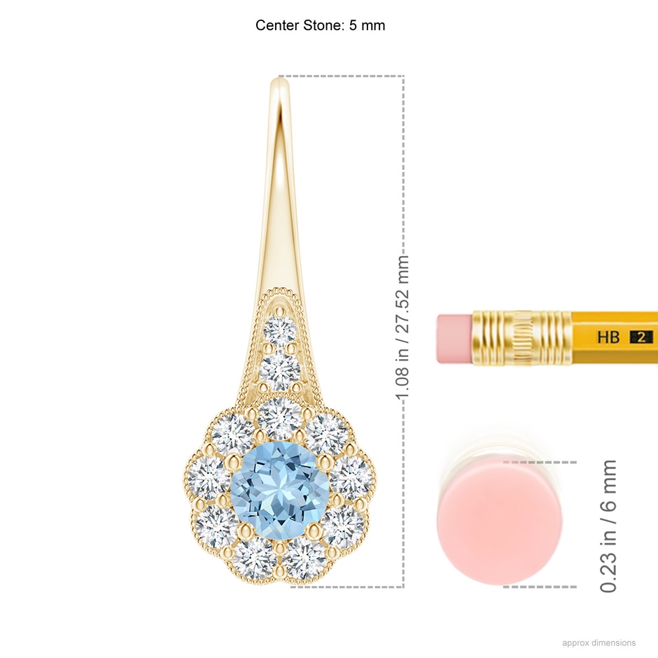 5mm AAA Aquamarine and Diamond Halo Fish Hook Earrings with Milgrain in Yellow Gold ruler