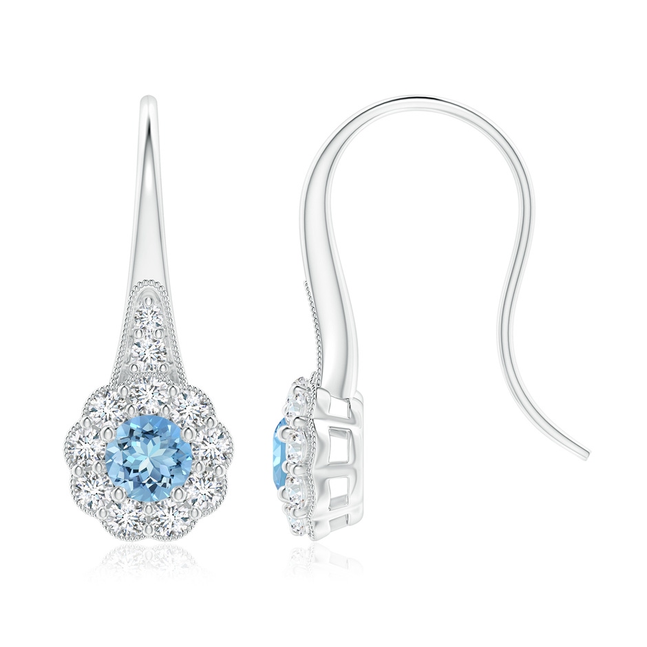 5mm AAAA Aquamarine and Diamond Halo Fish Hook Earrings with Milgrain in P950 Platinum 