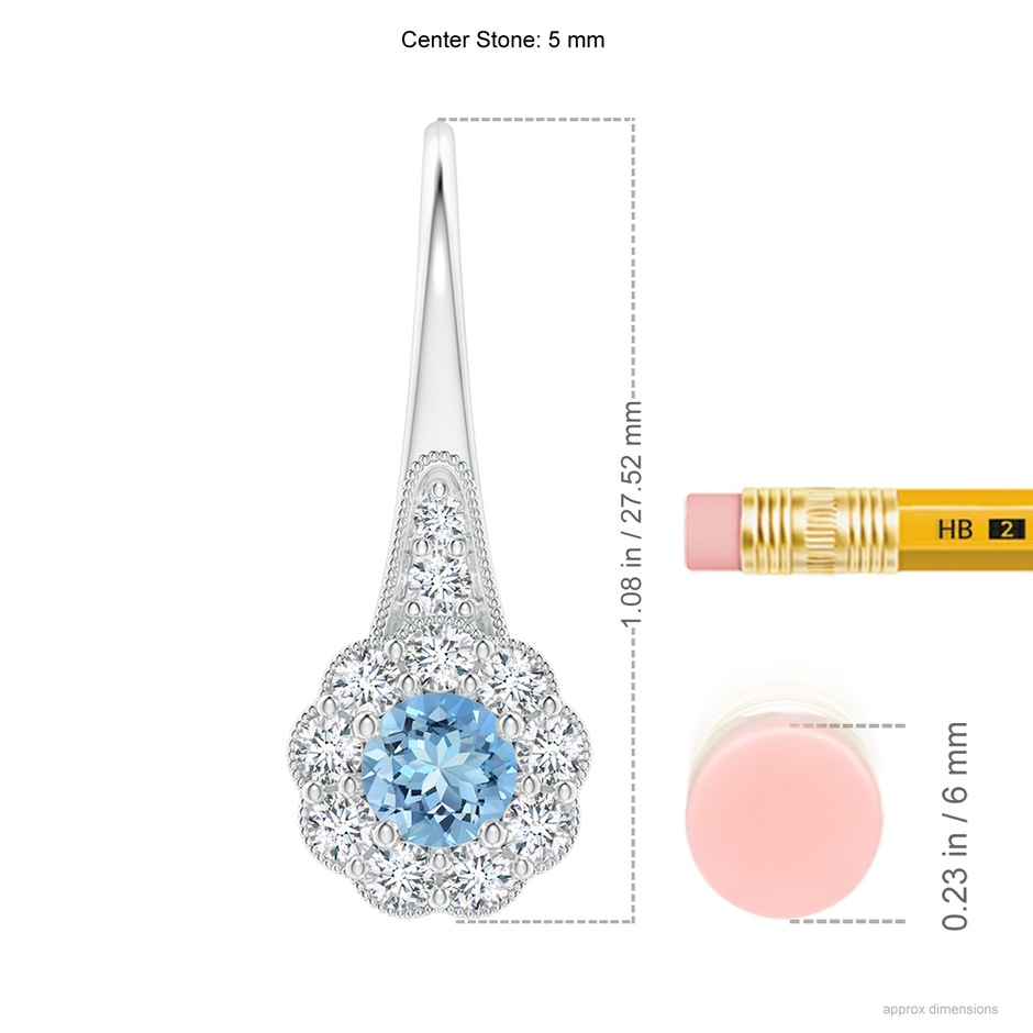 5mm AAAA Aquamarine and Diamond Halo Fish Hook Earrings with Milgrain in P950 Platinum ruler