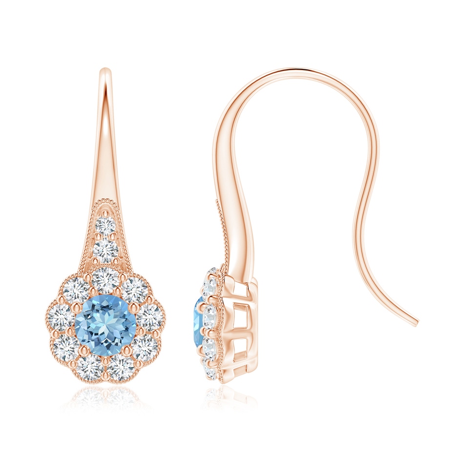 5mm AAAA Aquamarine and Diamond Halo Fish Hook Earrings with Milgrain in Rose Gold 