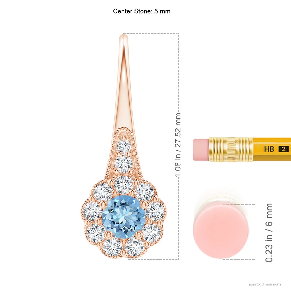 5mm AAAA Aquamarine and Diamond Halo Fish Hook Earrings with Milgrain in Rose Gold ruler