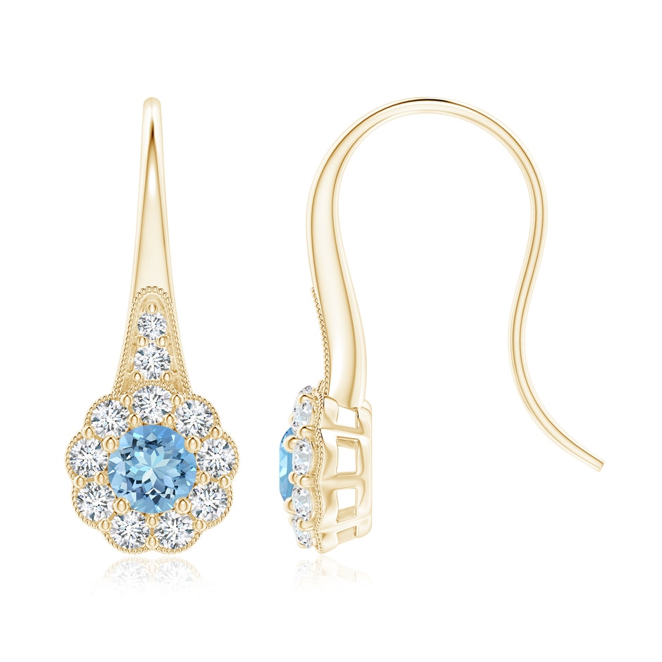5mm AAAA Aquamarine and Diamond Halo Fish Hook Earrings with Milgrain in Yellow Gold 