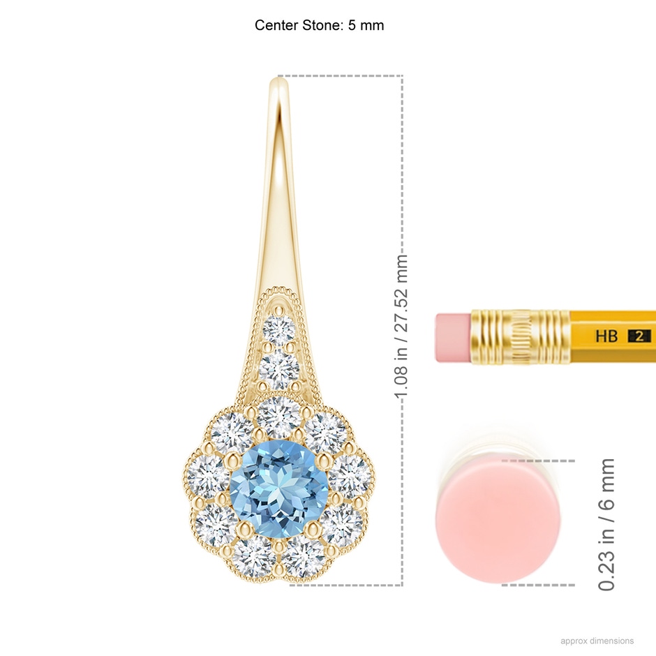 5mm AAAA Aquamarine and Diamond Halo Fish Hook Earrings with Milgrain in Yellow Gold ruler