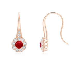 3.5mm AAA Ruby and Diamond Halo Fish Hook Earrings with Milgrain in Rose Gold