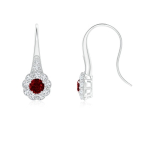 3.5mm AAAA Ruby and Diamond Halo Fish Hook Earrings with Milgrain in P950 Platinum