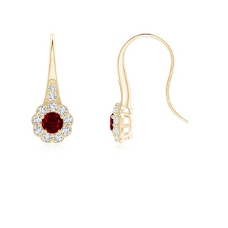 3.5mm AAAA Ruby and Diamond Halo Fish Hook Earrings with Milgrain in Yellow Gold