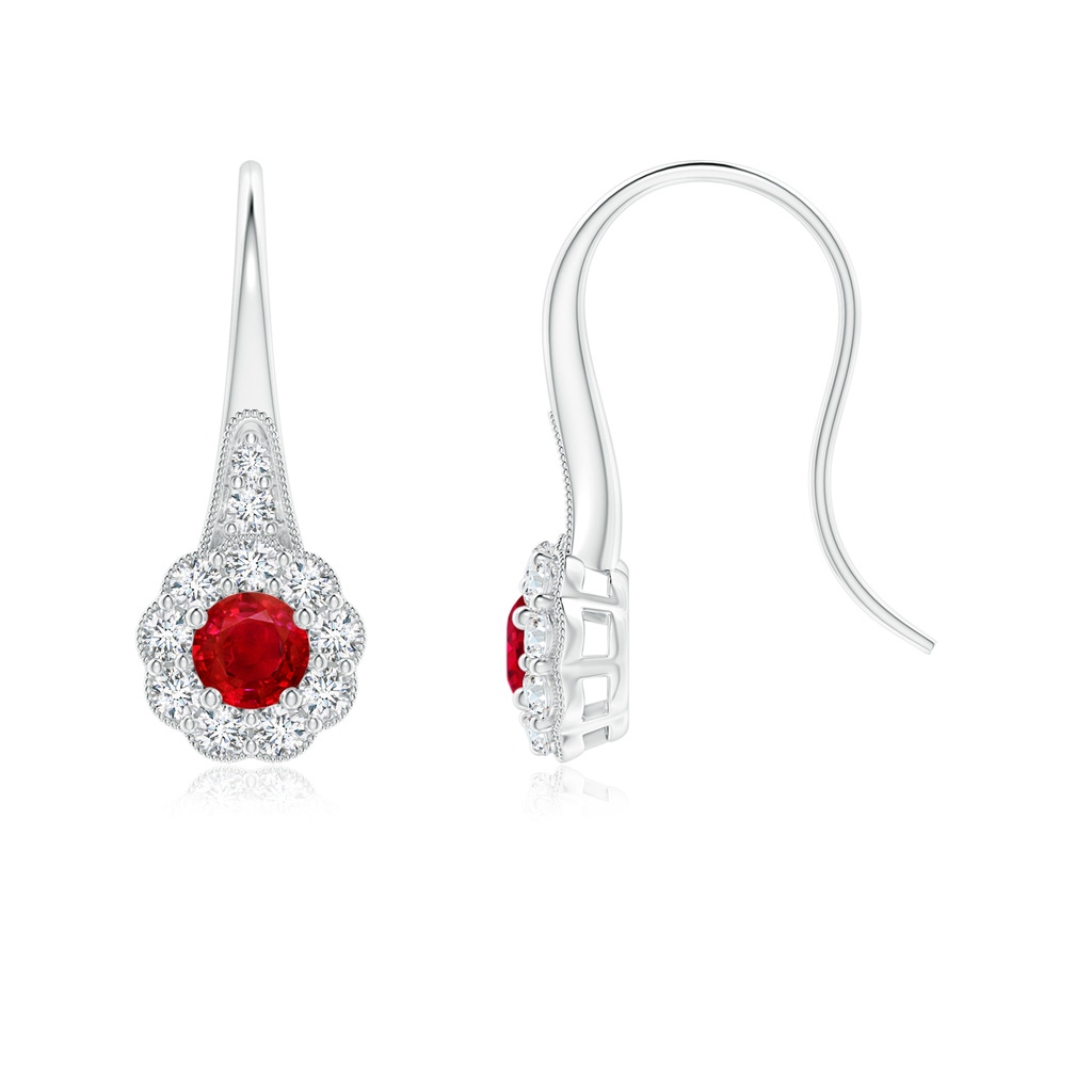 4mm AAA Ruby and Diamond Halo Fish Hook Earrings with Milgrain in White Gold
