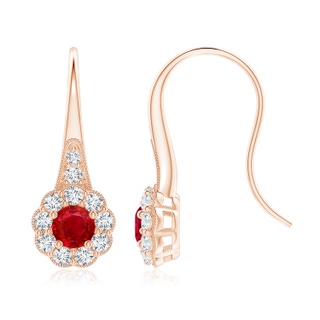 5mm AAA Ruby and Diamond Halo Fish Hook Earrings with Milgrain in Rose Gold