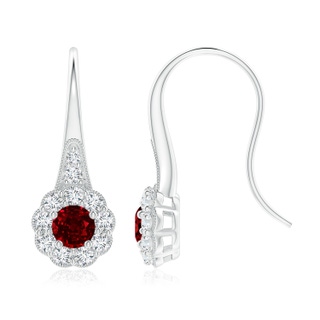 5mm AAAA Ruby and Diamond Halo Fish Hook Earrings with Milgrain in P950 Platinum