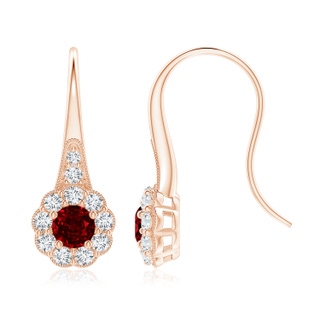 5mm AAAA Ruby and Diamond Halo Fish Hook Earrings with Milgrain in Rose Gold