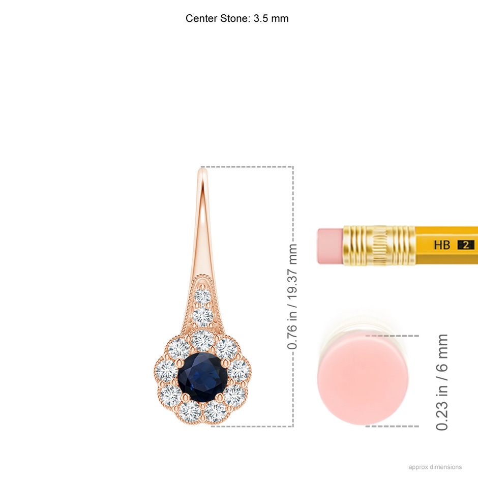 3.5mm A Sapphire and Diamond Halo Fish Hook Earrings with Milgrain in Rose Gold ruler