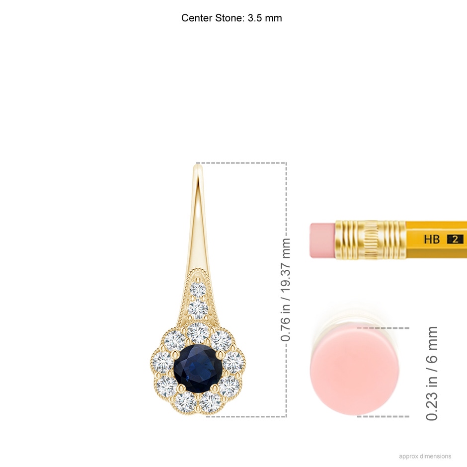 3.5mm A Sapphire and Diamond Halo Fish Hook Earrings with Milgrain in Yellow Gold ruler