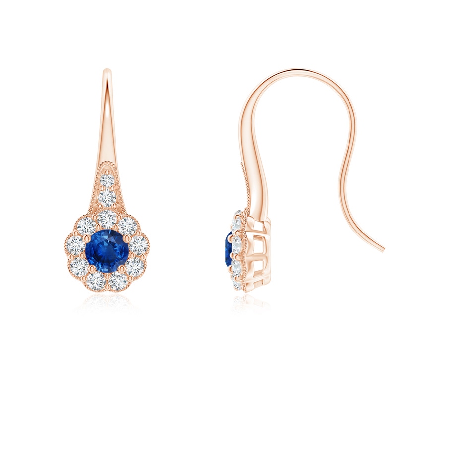 3.5mm AAA Sapphire and Diamond Halo Fish Hook Earrings with Milgrain in Rose Gold 