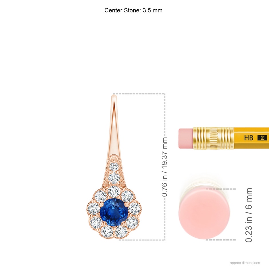 3.5mm AAA Sapphire and Diamond Halo Fish Hook Earrings with Milgrain in Rose Gold ruler