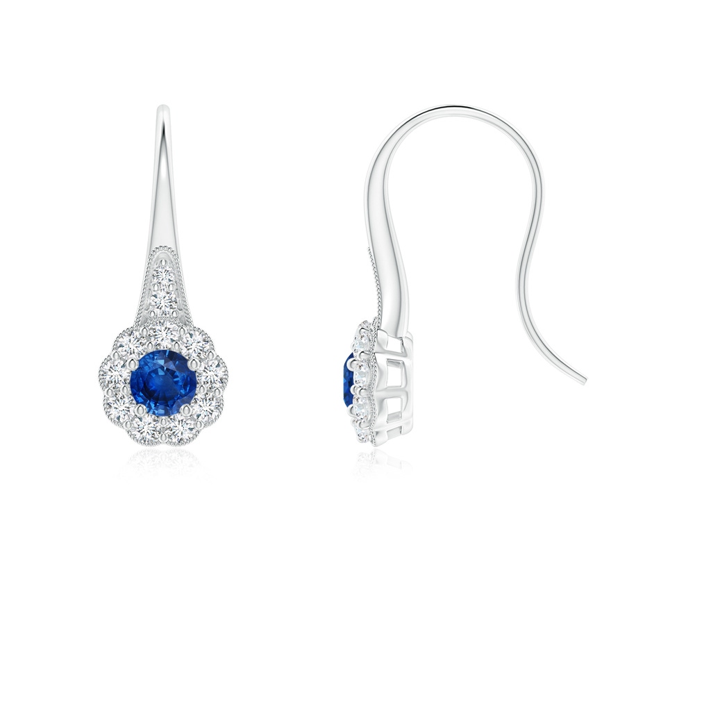 3.5mm AAA Sapphire and Diamond Halo Fish Hook Earrings with Milgrain in White Gold