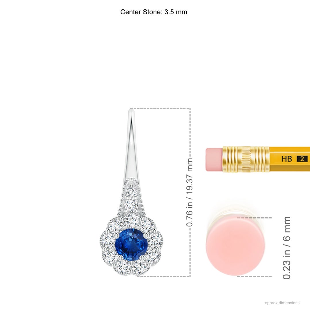 3.5mm AAA Sapphire and Diamond Halo Fish Hook Earrings with Milgrain in White Gold - ruler