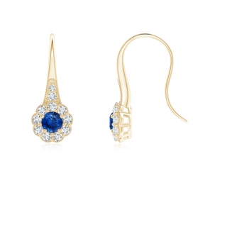 3.5mm AAA Sapphire and Diamond Halo Fish Hook Earrings with Milgrain in Yellow Gold