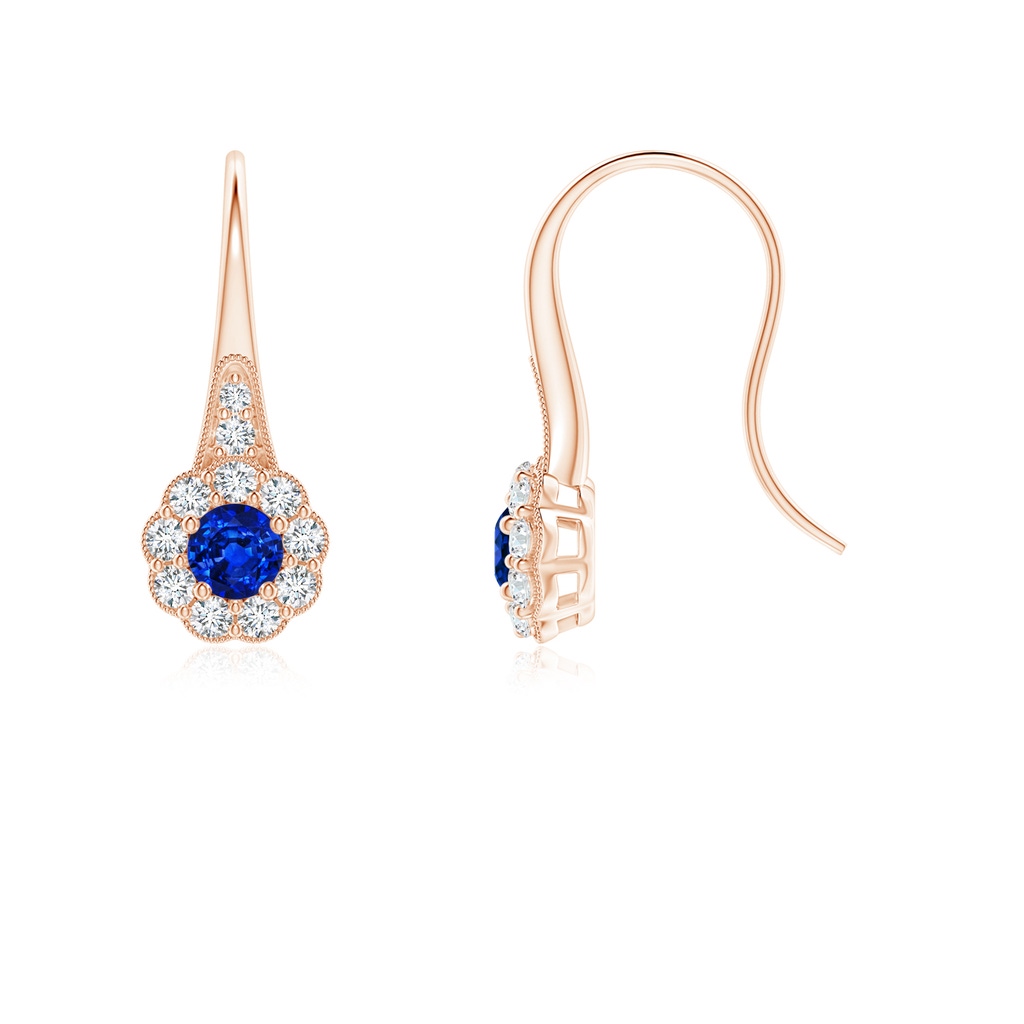 3.5mm AAAA Sapphire and Diamond Halo Fish Hook Earrings with Milgrain in Rose Gold