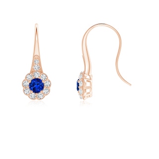 3.5mm AAAA Sapphire and Diamond Halo Fish Hook Earrings with Milgrain in Rose Gold
