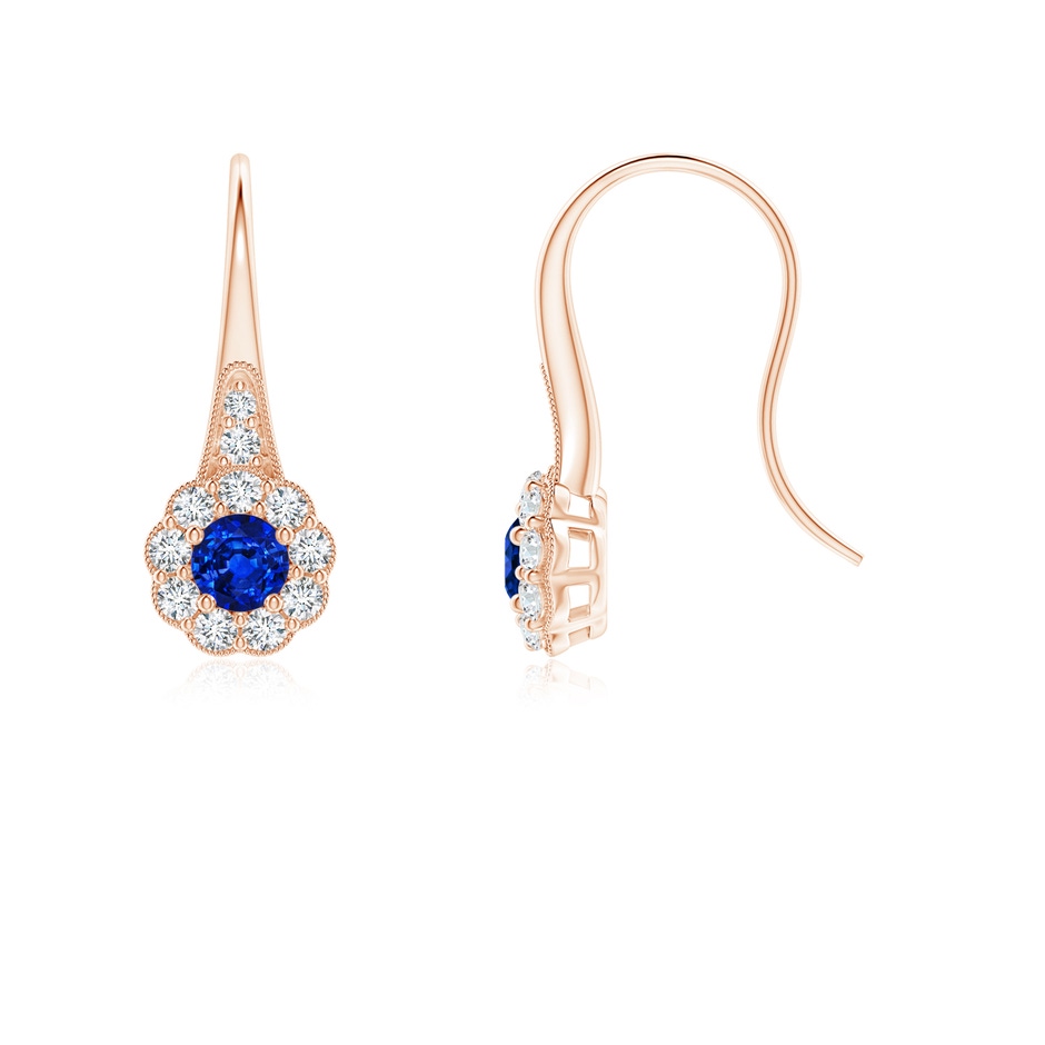 3.5mm AAAA Sapphire and Diamond Halo Fish Hook Earrings with Milgrain in Rose Gold 