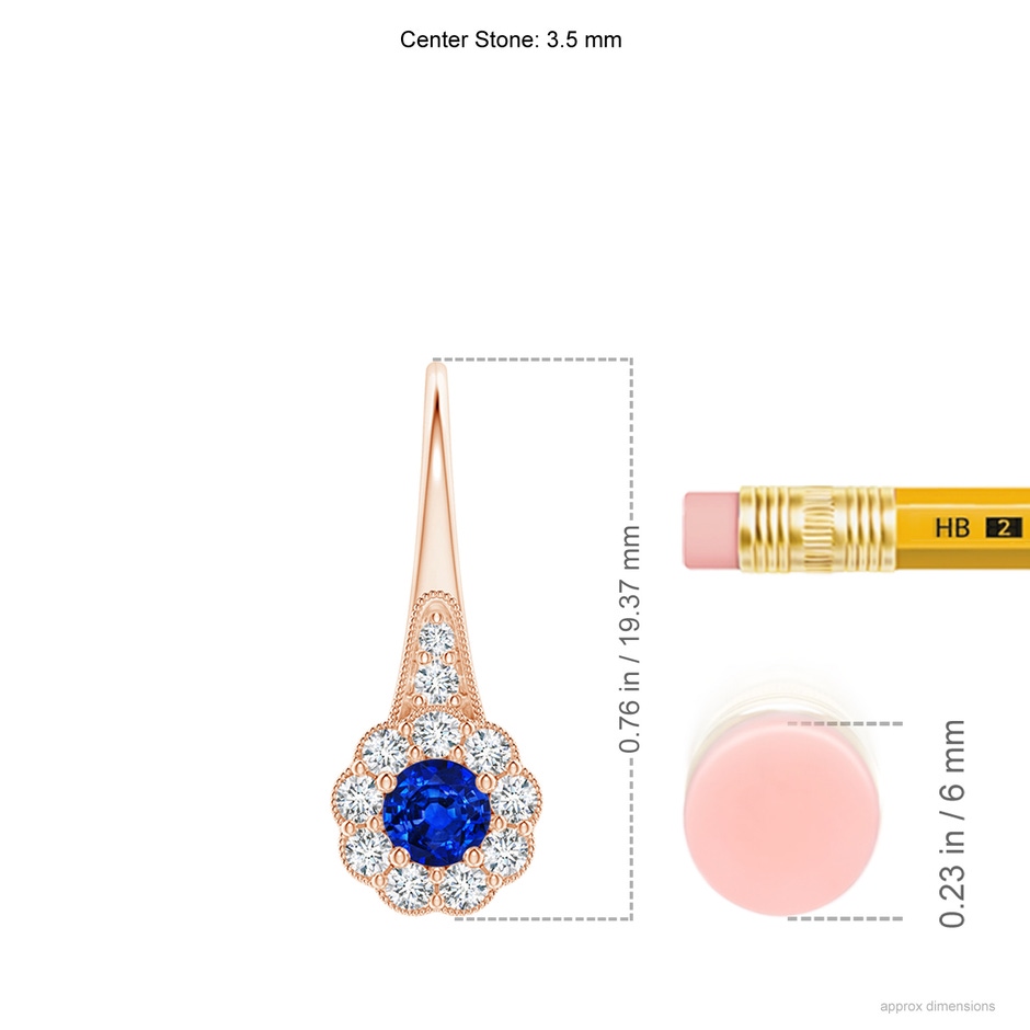 3.5mm AAAA Sapphire and Diamond Halo Fish Hook Earrings with Milgrain in Rose Gold ruler