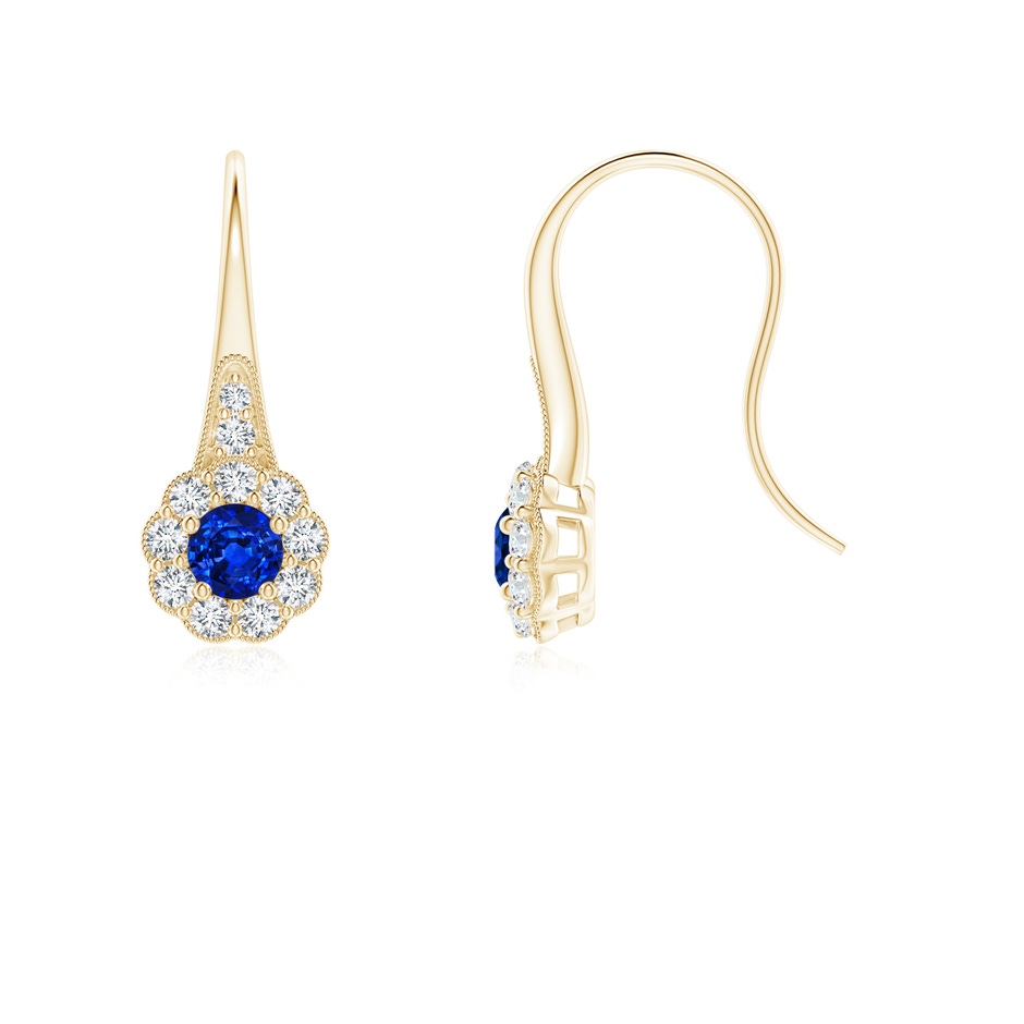 3.5mm AAAA Sapphire and Diamond Halo Fish Hook Earrings with Milgrain in Yellow Gold 