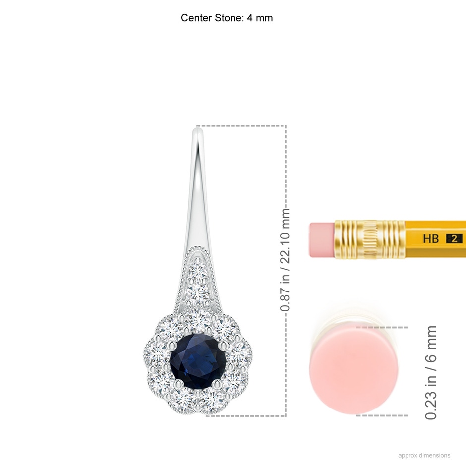 4mm A Sapphire and Diamond Halo Fish Hook Earrings with Milgrain in P950 Platinum ruler