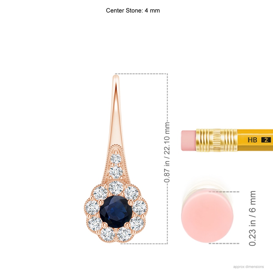 4mm A Sapphire and Diamond Halo Fish Hook Earrings with Milgrain in Rose Gold ruler