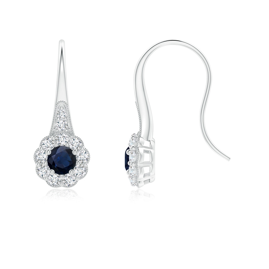 4mm A Sapphire and Diamond Halo Fish Hook Earrings with Milgrain in White Gold 