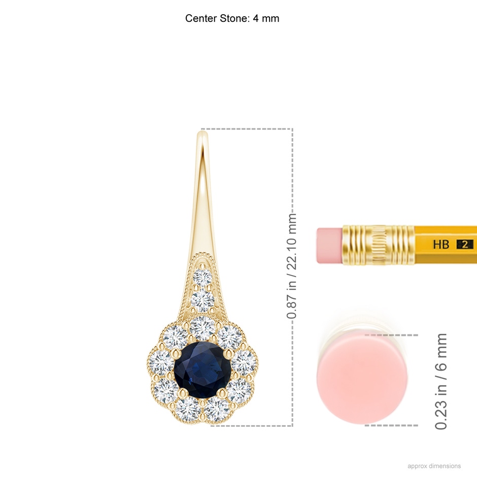 4mm A Sapphire and Diamond Halo Fish Hook Earrings with Milgrain in Yellow Gold ruler