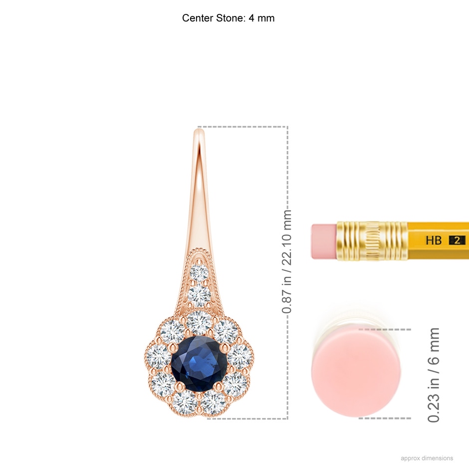 4mm AA Sapphire and Diamond Halo Fish Hook Earrings with Milgrain in Rose Gold ruler