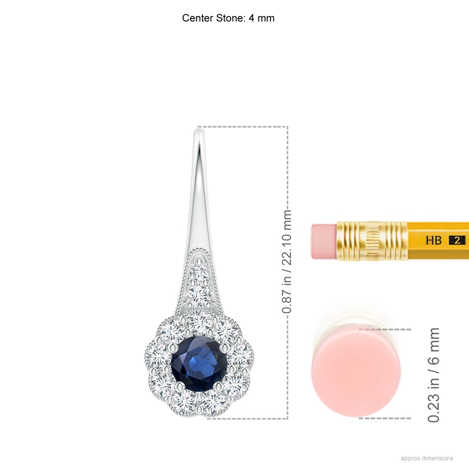 4mm AA Sapphire and Diamond Halo Fish Hook Earrings with Milgrain in White Gold ruler