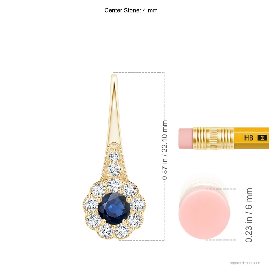 4mm AA Sapphire and Diamond Halo Fish Hook Earrings with Milgrain in Yellow Gold ruler