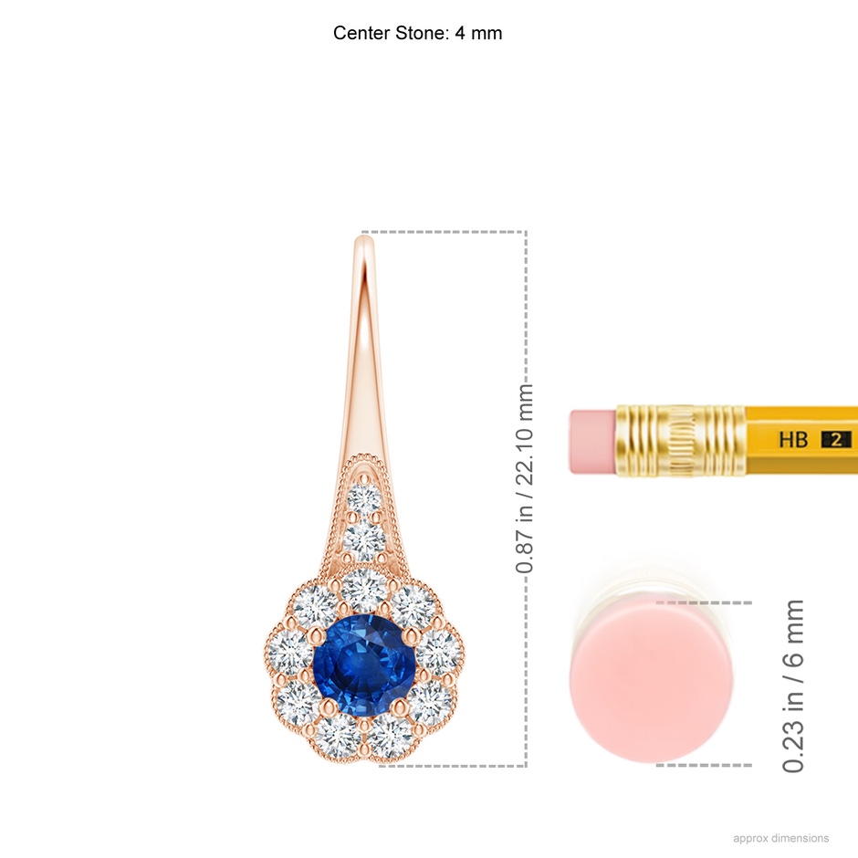 4mm AAA Sapphire and Diamond Halo Fish Hook Earrings with Milgrain in Rose Gold ruler