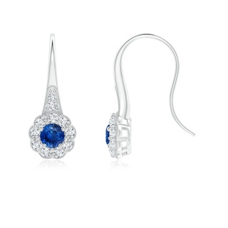 4mm AAA Sapphire and Diamond Halo Fish Hook Earrings with Milgrain in White Gold