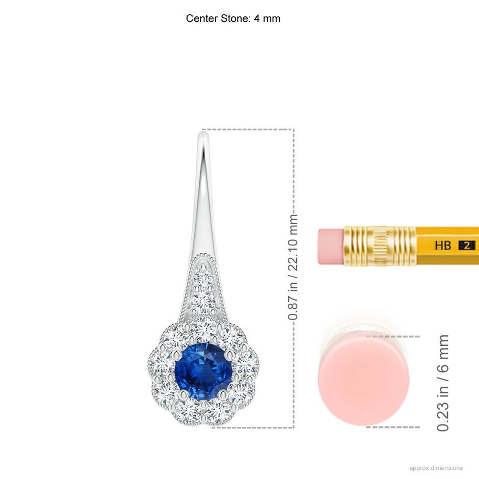 4mm AAA Sapphire and Diamond Halo Fish Hook Earrings with Milgrain in White Gold ruler